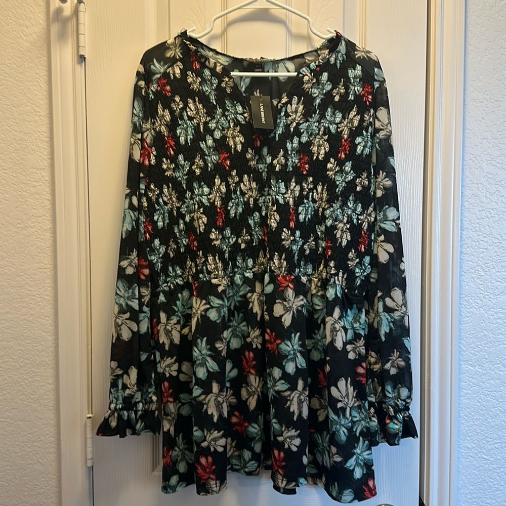 Lane Bryant Black Floral Long Sleeve Peplum Blouse with Teal & Red Accents
